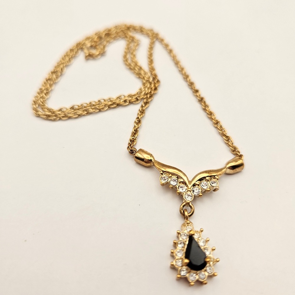Roman Vintage‎ Gold Tone Black Teardrop Rhinestone V Shape Bib Necklace
